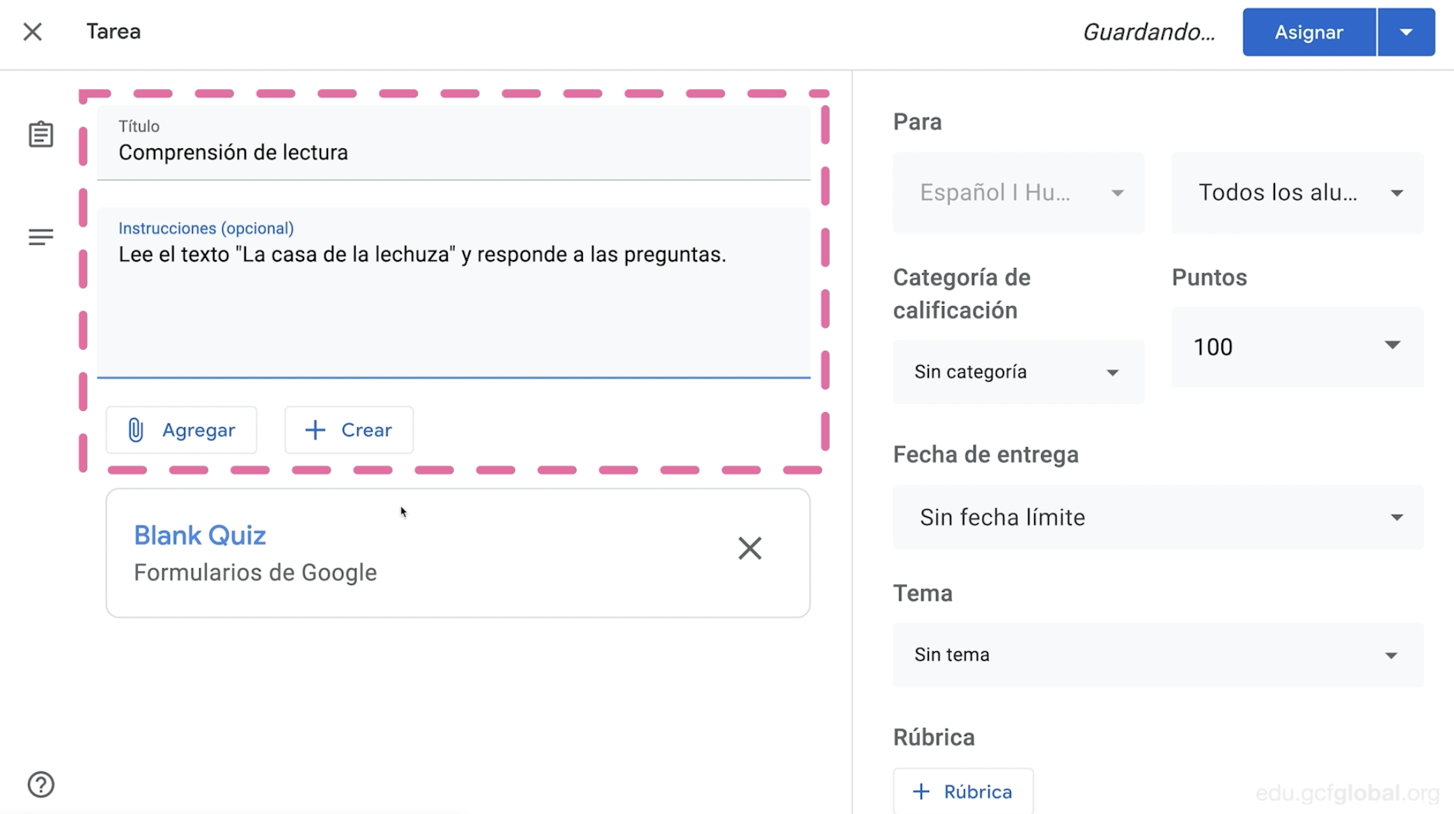 Ingresar nombre e instrucciones de examen en Google Classroom